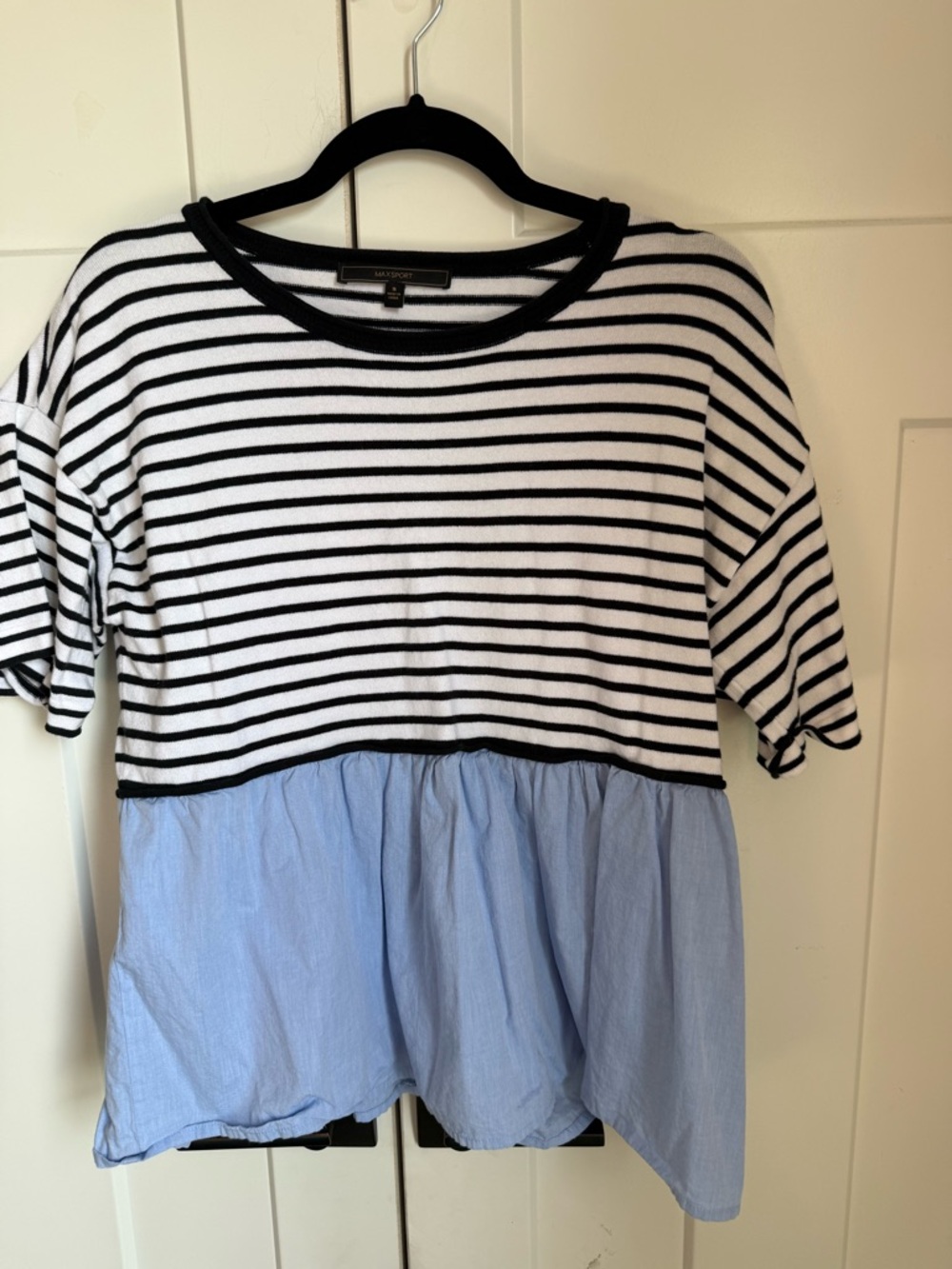 MaxSport Striped Black& White Top with Light Blue Peplum Hem size Small. EUC.